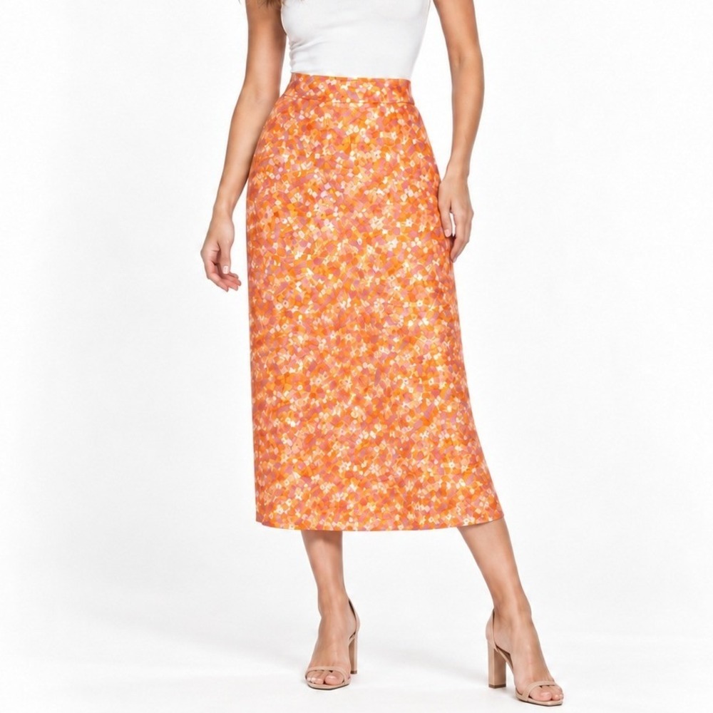 Steve Madden Dopamine Orange Ditsy Floral Satin Midi Slip Skirt  Large  Bias Cut